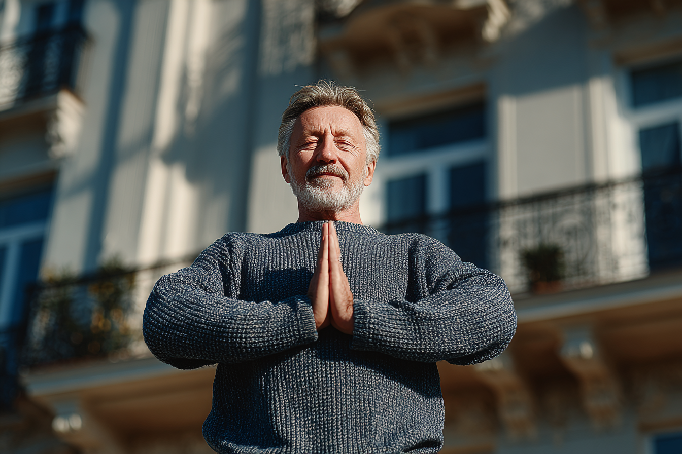 Група людей середнього віку виконує йогу на природі